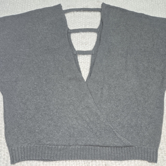 Deep V-Neck Wrap Sweater Dolman Sleeves Gray With Olive Green Hue Size Medium - Picture 7 of 12